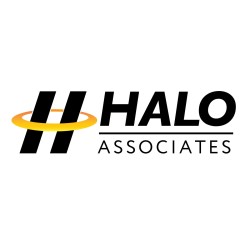 QMD Logo design of an H with a yellow halo ring and the company name Halo Associates next to it.